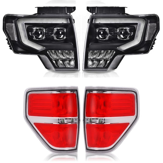 G-PLUS LED Tube Dual Headlight Tail Lights Assembly Fit Ford F150 2009-2014 Headlamps Clear lens Black Housing Clear Reflector Faros Delanteros