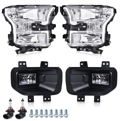 G-PLUS Front Left & Right Side Bumper Fog Lights Assembly & Headlights Assembly w/o Bulbs Fit Ford F150 2015 2016 2017(White Cover White Frame Headlamps + Fog Lamps)
