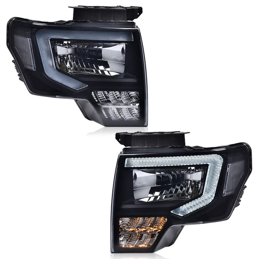 G-PLUS LED Tube Headlights Assemblies Compatible with Ford F150 2009-2014 Headlamps Smoky Lens Black Housing Clear Reflector Driver Side & Passenger Side,faros delanteros