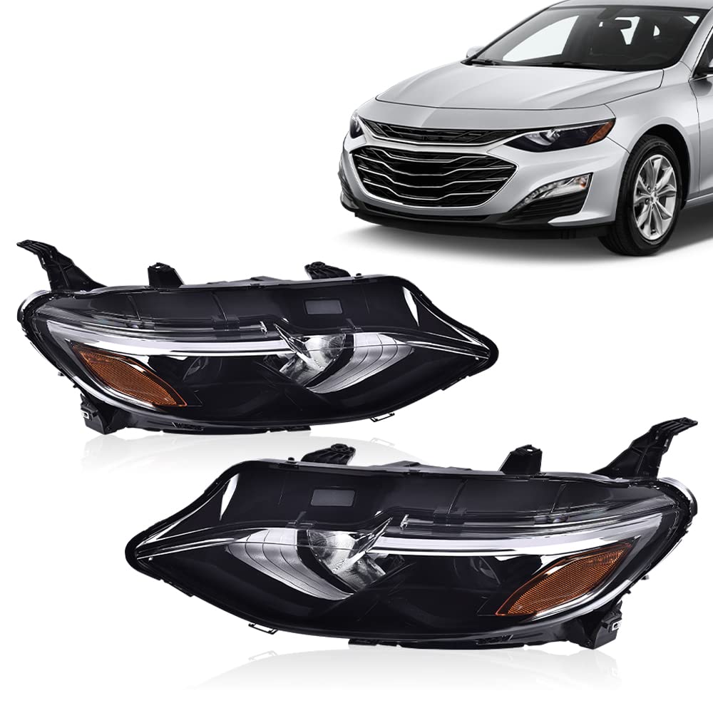 G-PLUS Headlights Assembly Compatible with Chevy Malibu 2019 2020 2021 Headlamps Set Pair Left & Right Front Halogen ‎Clear Lens Black Housing Amber Reflector,faros delanteros
