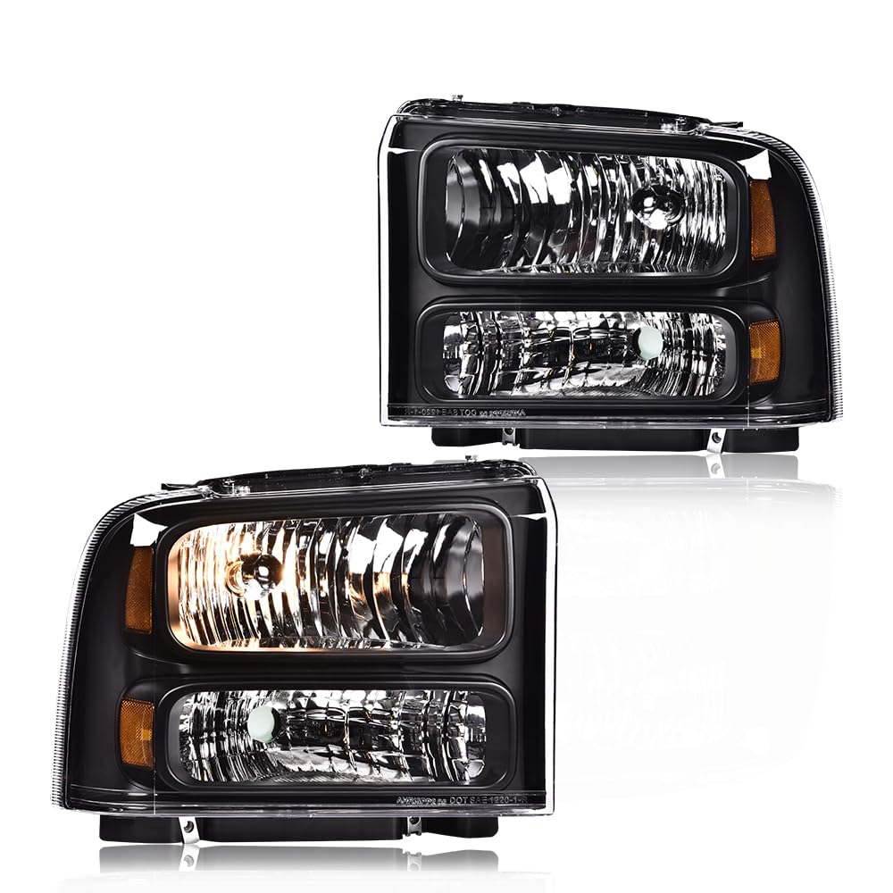 G-PLUS Headlights Assembly Bumper Headlamps Fit Ford F250 F350 F450 F550 Super Duty 1999-2004; Fit Ford Excursion 2000-2004 Clear Lens Black Housing Amber Reflector,faros delanteros
