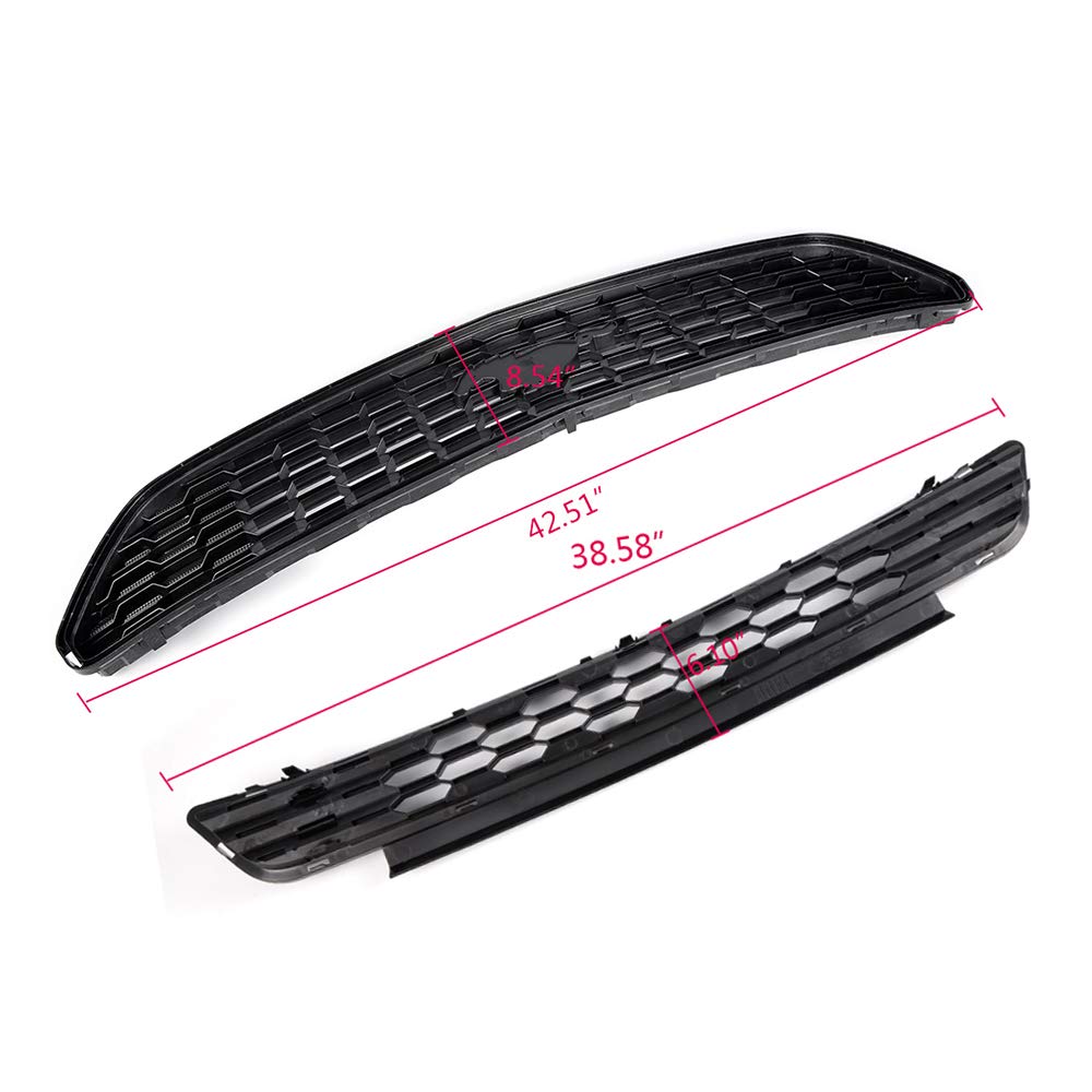 Front Upper & Lower Bumper Grill Mesh Hood Grille Replacement Black 2015-2017 Compatible For Ford Mustang GT 5.0L Without Emblem upgrade 2016