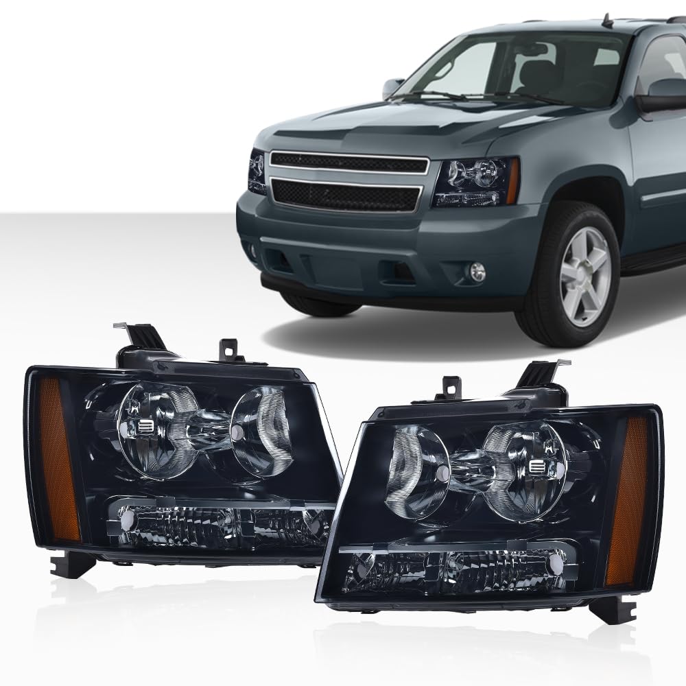 G-PLUS Headlights Assembly, Compatible with 2007-2014 Chevy Suburban/ 2007-2013 Tahoe Avalanche Bumper Headlamps, Smoky Lens Black Housing Amber Reflector,faros delanteros