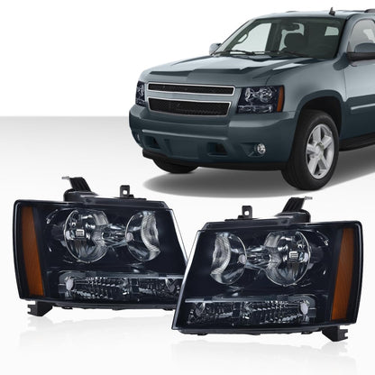G-PLUS Headlights Assembly, Compatible with 2007-2014 Chevy Suburban/ 2007-2013 Tahoe Avalanche Bumper Headlamps, Smoky Lens Black Housing Amber Reflector,faros delanteros