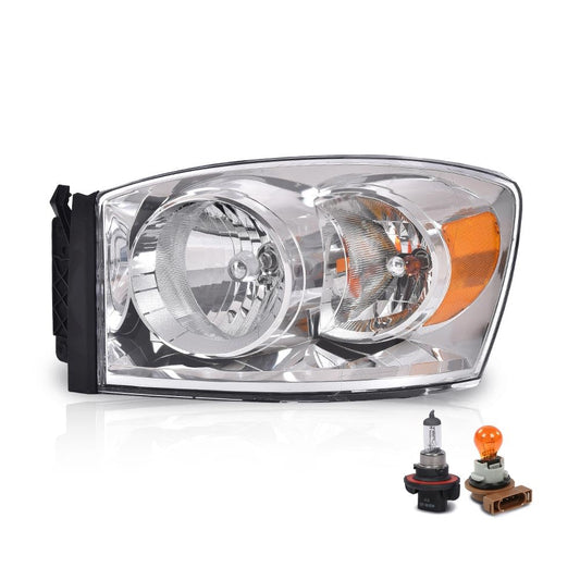 G-PLUS Headlights w/Bulbs Left Driver Side Compatible with Dodge Ram 1500 2006-2008/Fit Dodge Ram 2500 3500 2006-2009,Clear Lens Chrome Housing Amber Reflector Bumper Headlamps,faros Assembly