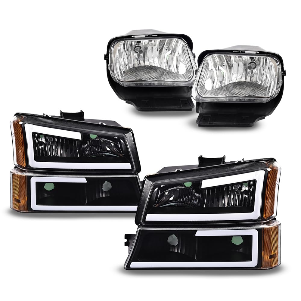 G-PLUS LED Headlights & Fog Lights Left and Right Compatible with Chevy Avalanche 2003-2006 / Silverado 1500 2500 3500 & HD (Clear Lens Black Housing Amber Reflector Headlight + Fog Light)