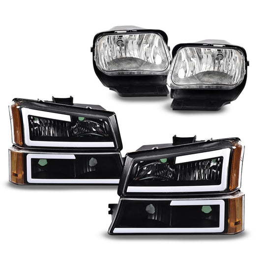 G-PLUS LED Headlights & Fog Lights Left and Right Compatible with Chevy Avalanche 2003-2006 / Silverado 1500 2500 3500 & HD (Clear Lens Black Housing Amber Reflector Headlight + Fog Light)