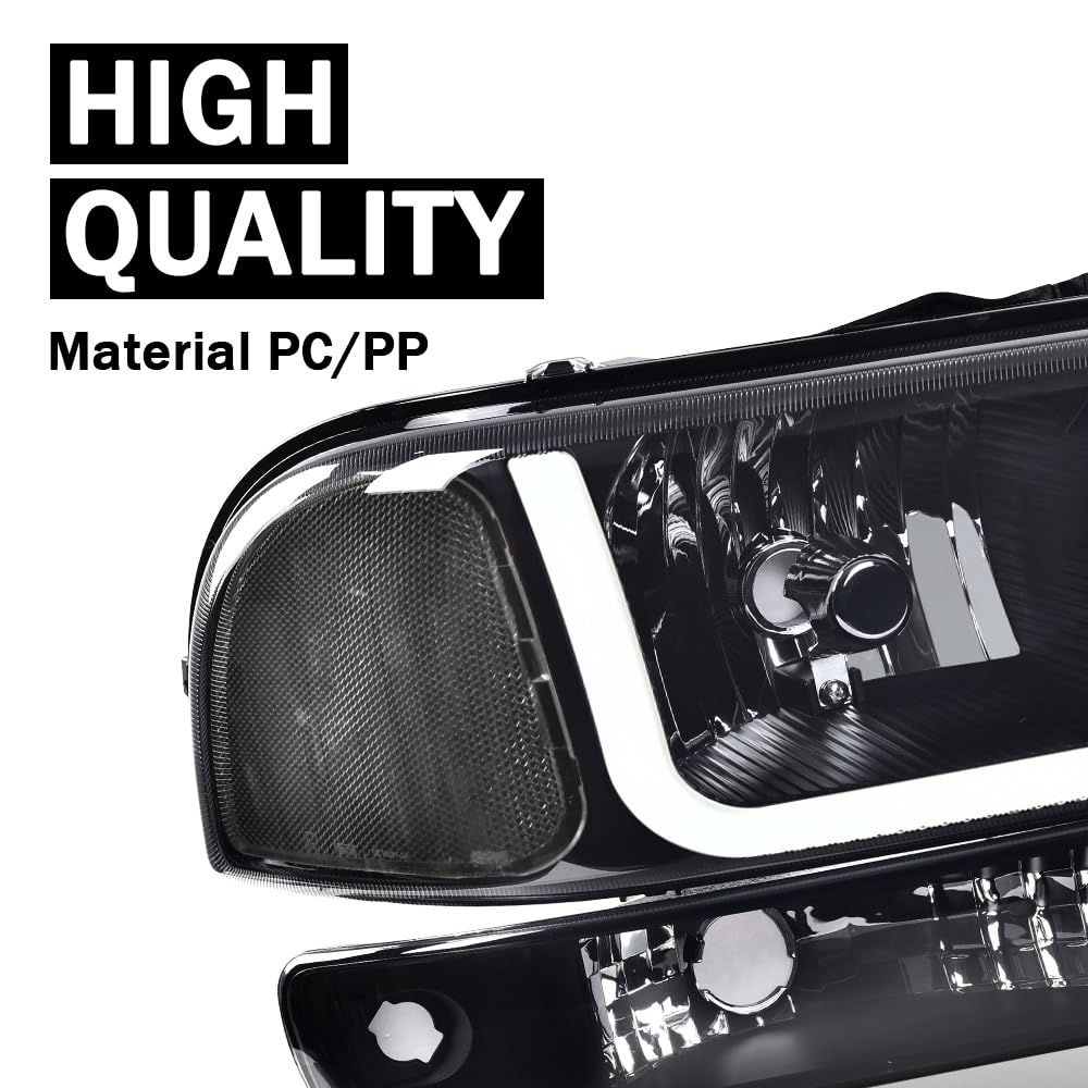 G-PLUS LED Headlights Assembly Compatible with 1999-2007 GMC Sierra 1500HD 2500HD 3500/Fit 1999-2006 GMC Yukon XL 1500 2500,DRL Headlamps Pair Smoky Lens Black Housing Clear Reflector,faros delanteros