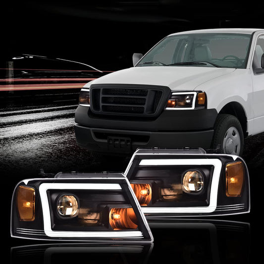 G-PLUS LED DRL Headlights Pair, Fit For 2004-2008 Ford F150/Fit 2006-2008 Lincoln Mark Lt(NOT Fit for 04 F150 Heritage/Flareside Beds Models), Clear lens Black Housing Amber Reflector