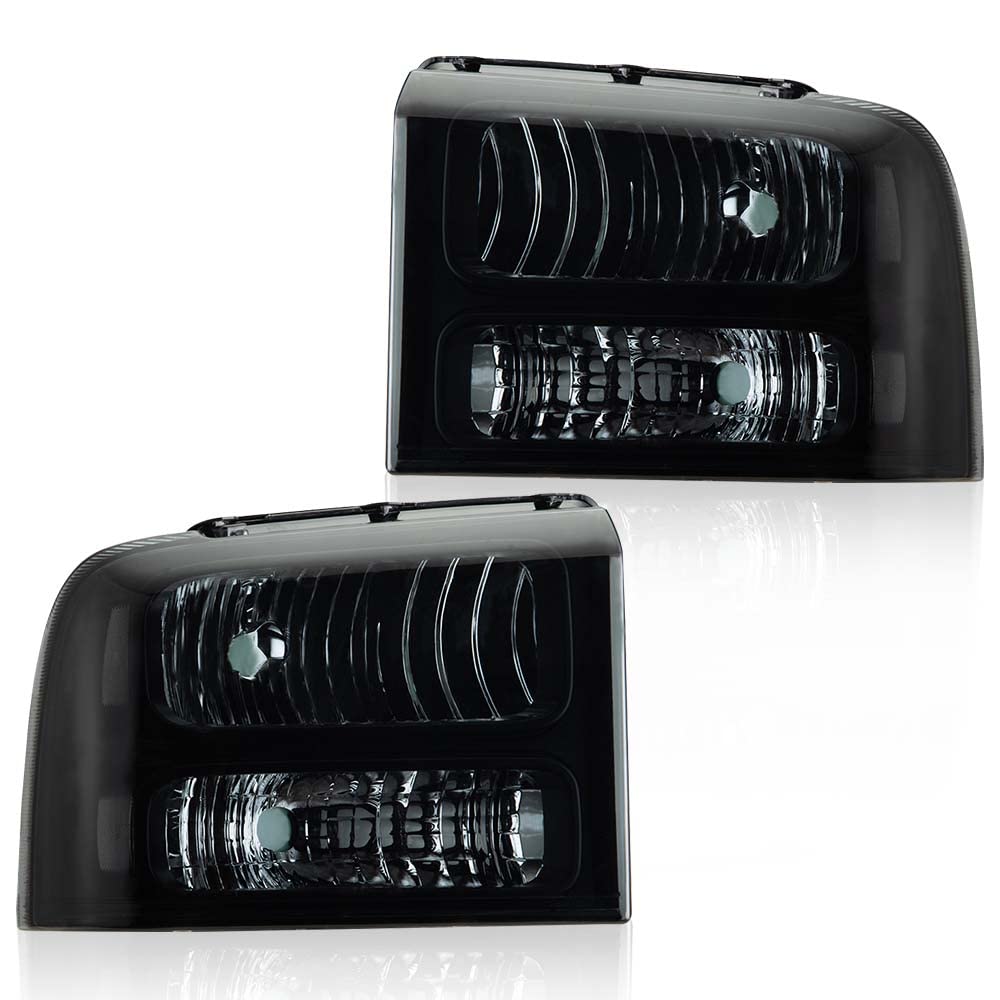 G-PLUS Headlights Assembly, Compatible with 2005 2006 2007 Ford F250 F350 Super Duty Bumper Headlamps,Smoky Lens Black Housing Clear Reflector,Left & Right faros delanteros