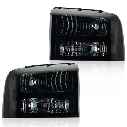 G-PLUS Headlights Assembly, Compatible with 2005 2006 2007 Ford F250 F350 Super Duty Bumper Headlamps,Smoky Lens Black Housing Clear Reflector,Left & Right faros delanteros