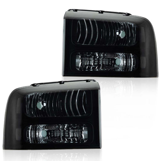 G-PLUS Headlights Assembly, Compatible with 2005 2006 2007 Ford F250 F350 Super Duty Bumper Headlamps,Smoky Lens Black Housing Clear Reflector,Left & Right faros delanteros