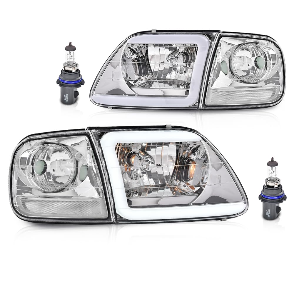 G-PLUS LED DRL Lightning Style Headlights & Corner Parking Lights Compatible with 1997-2002 Ford Expedition/Fit 1998-2003 Ford F150/Fit 1997-1999 F250 Clear Lens Chrome Housing Clear Reflector