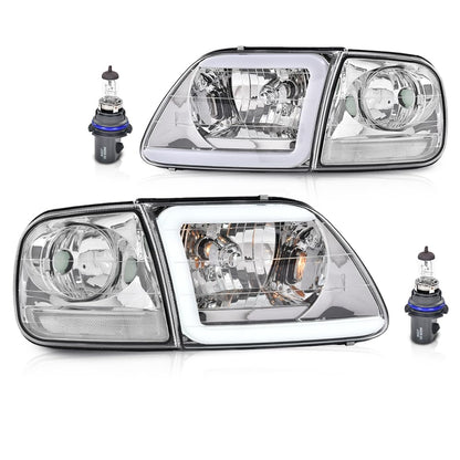 G-PLUS LED DRL Lightning Style Headlights & Corner Parking Lights Compatible with 1997-2002 Ford Expedition/Fit 1998-2003 Ford F150/Fit 1997-1999 F250 Clear Lens Chrome Housing Clear Reflector