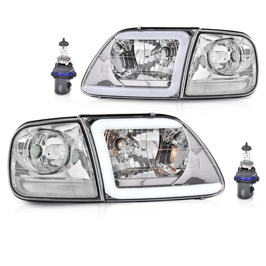 G-PLUS LED DRL Lightning Style Headlights & Corner Parking Lights Compatible with 1997-2002 Ford Expedition/Fit 1998-2003 Ford F150/Fit 1997-1999 F250 Clear Lens Chrome Housing Clear Reflector