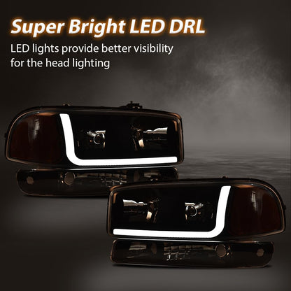 G-PLUS LED Headlights Assembly Fit GMC Sierra 1500HD 2500HD 3500 1999-2007/Fit GMC Yukon XL 1500 2500 1999-2006,DRL Headlamps Smoky Lens Black Housing Amber Reflector,faros delanteros