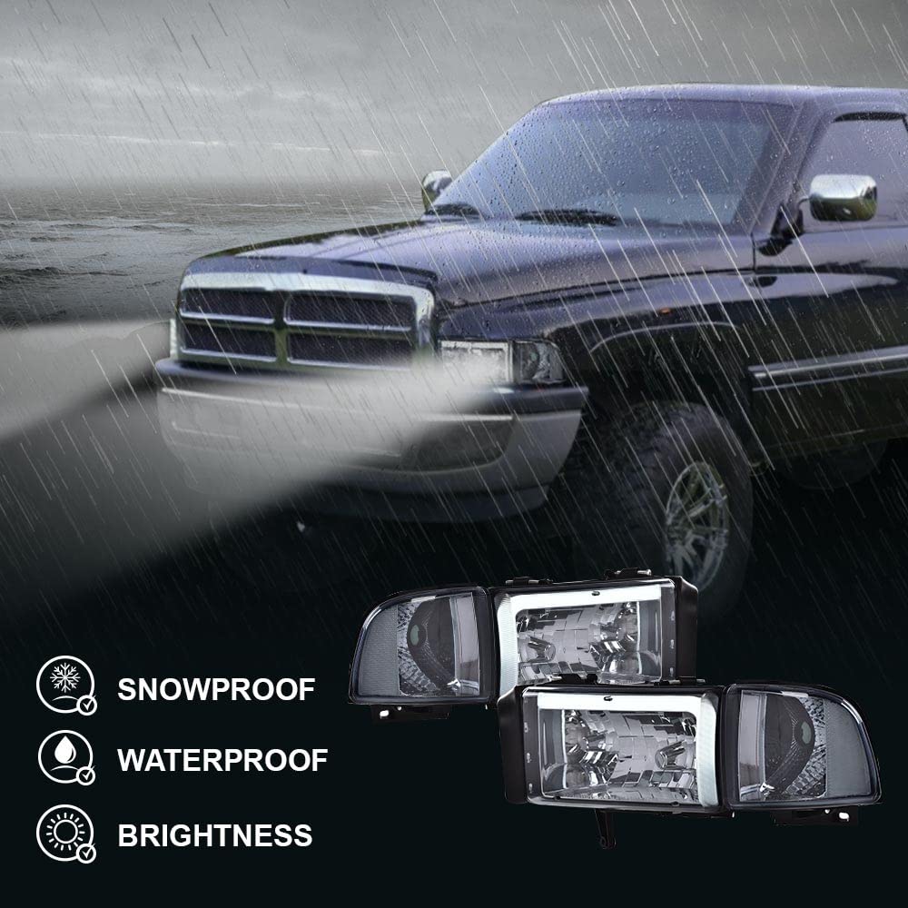 G-PLUS LED Headlights Assembly Fit 1994-2001 Dodge Ram 1500/Fit 1994-2002 Dodge Ram 2500 3500 (Not for Ram Sport),Headlamps w/o Bulbs Smoky Lens Chrome Housing Clear Reflector