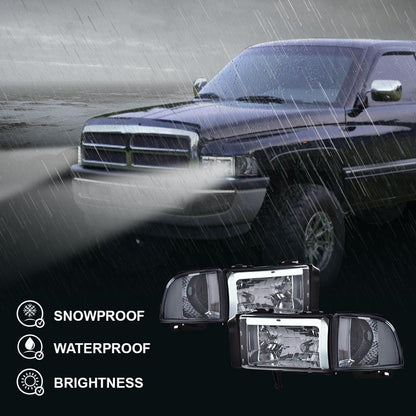 G-PLUS LED Headlights Assembly Fit 1994-2001 Dodge Ram 1500/Fit 1994-2002 Dodge Ram 2500 3500 (Not for Ram Sport),Headlamps w/o Bulbs Smoky Lens Chrome Housing Clear Reflector