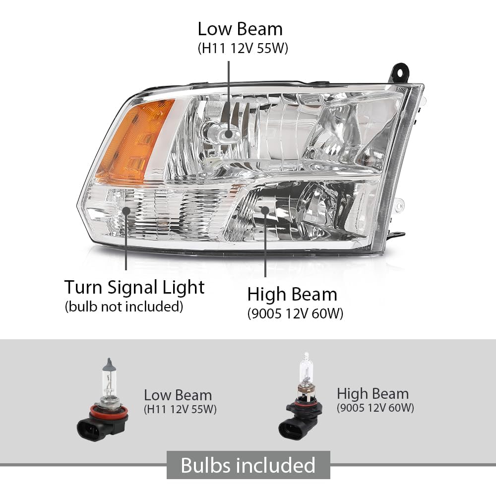G-PLUS Headlight Assembly Front Headlamp Right Passenger Side w/Bulbs,Fit Dodge Ram 1500 2500 3500 2009-2018 Factory Clear Lens Chrome Housing Amber Reflector Bumper Headlamps,faros delanteros