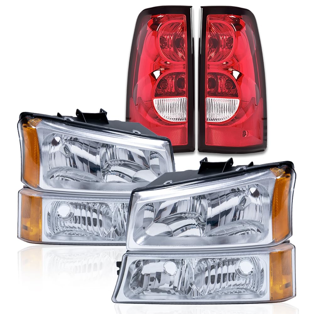 G-PLUS Headlights Assembly & Tail Lights Fit Chevy Silverado 1500 1500 HD 2500 2500 HD 2003-2006, Clear Lens Chrome Housing Amber Reflector Headlamps Assembly Red Taillights