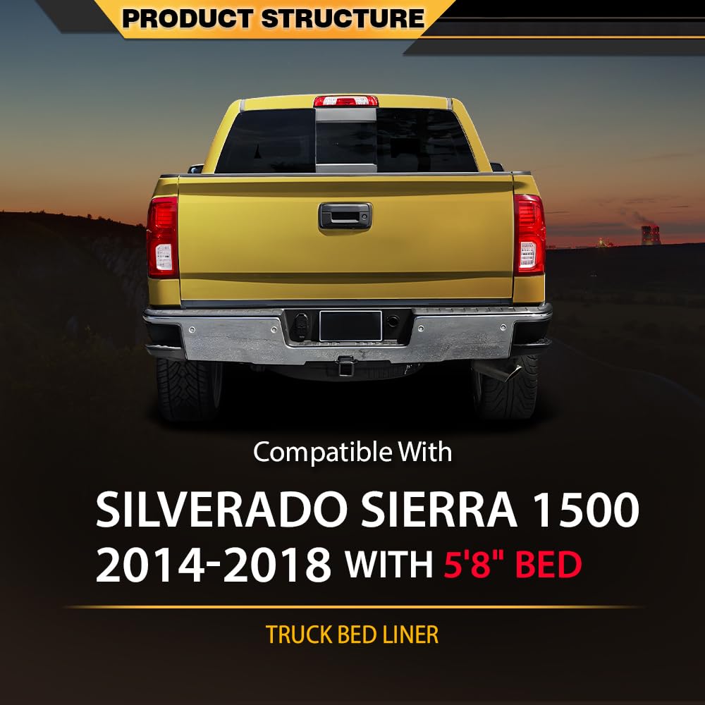 TPE Truck Bed Mat Cargo Liner, Compatible with Chevy Silverado GMC Sierra 1500 2014-2018 with 5'8" Bed, Vehicle Interior Accessories, All Weather Full Cover Protection