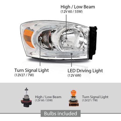 G-PLUS LED Headlights Assembly Front Headlamps Left Right Compatible with Dodge Ram 1500 2006-2008,Fit Dodge Ram 2500 3500 2006-2009 Clear Lens Chrome Housing Amber Reflector,faros delanteros