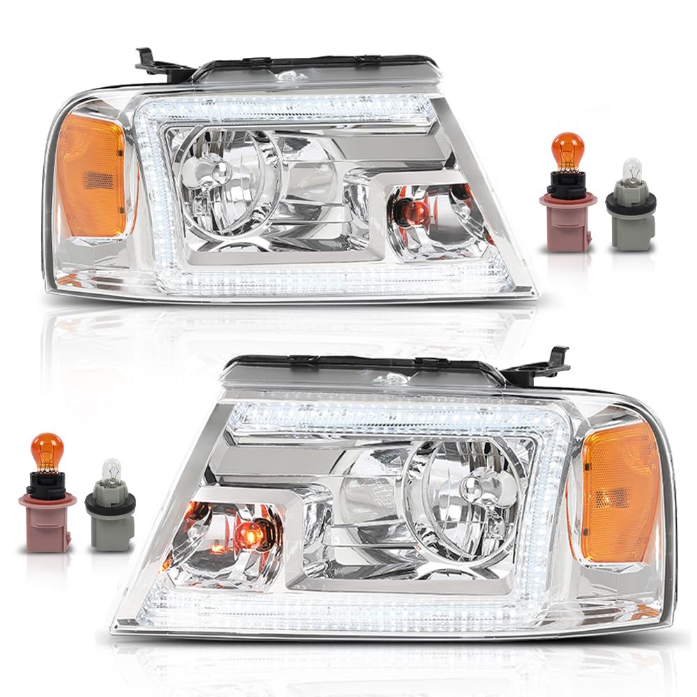 G-PLUS LED DRL Headlights Fit Ford F150 2004-2008, Fit Lincoln Mark LT 2006-2008(NOT Fit 2004 F150 Heritage/Flareside Beds),Pair Headlamps Clear Lens Chrome Housing Amber Reflector,faros delanteros
