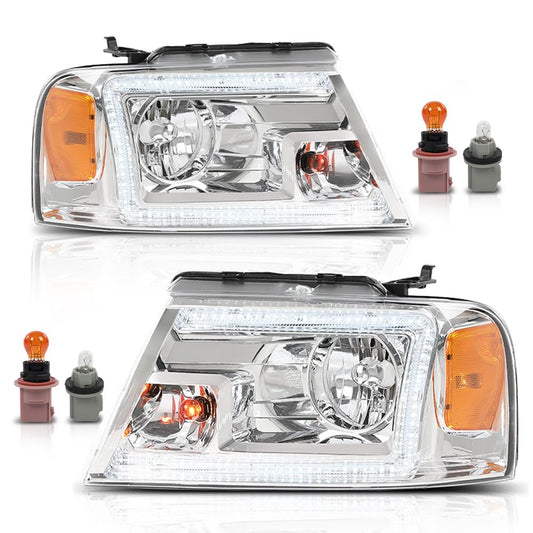 G-PLUS LED DRL Headlights Fit Ford F150 2004-2008, Fit Lincoln Mark LT 2006-2008(NOT Fit 2004 F150 Heritage/Flareside Beds),Pair Headlamps Clear Lens Chrome Housing Amber Reflector,faros delanteros