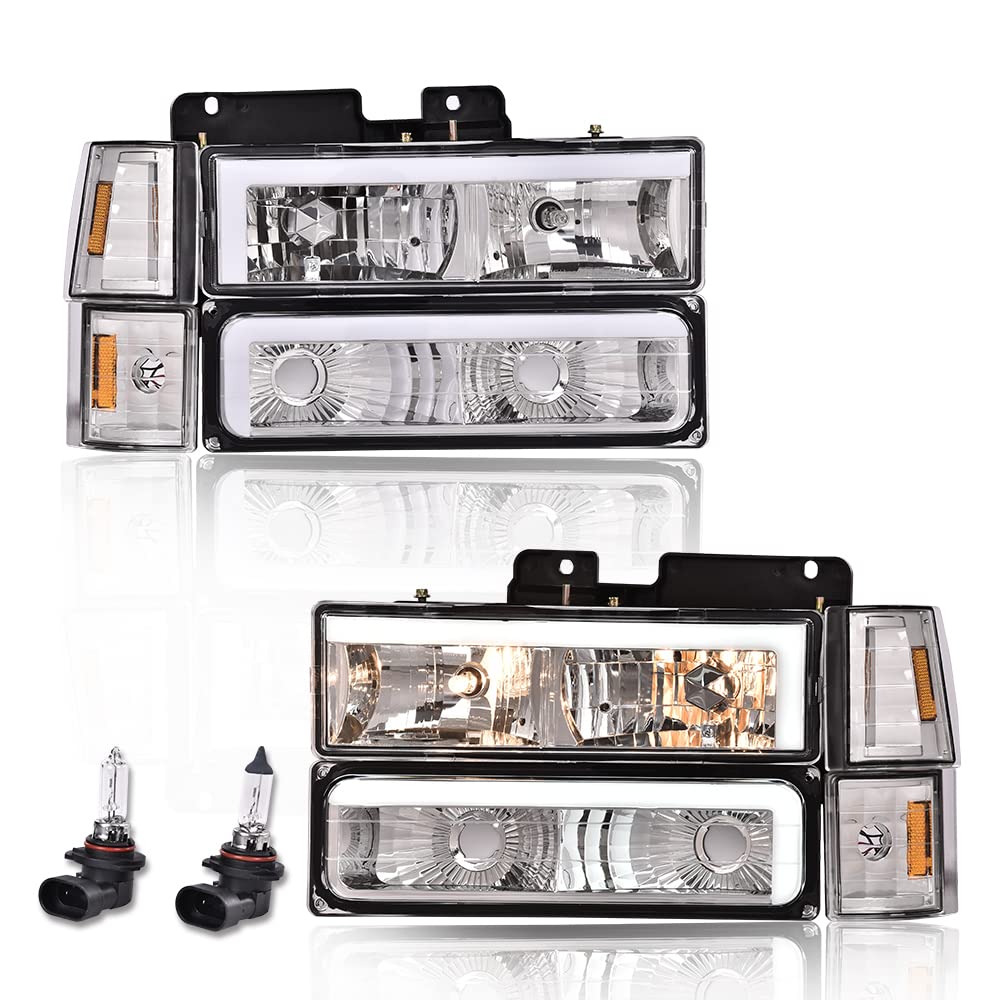 G-PLUS LED DRL headlights, Compatible with 1994 1995 1996 1997 1998 1999 GMC C1500 K1500 Yukon bumper Headlamp, Clear lens Chrome Housing Amber Reflector