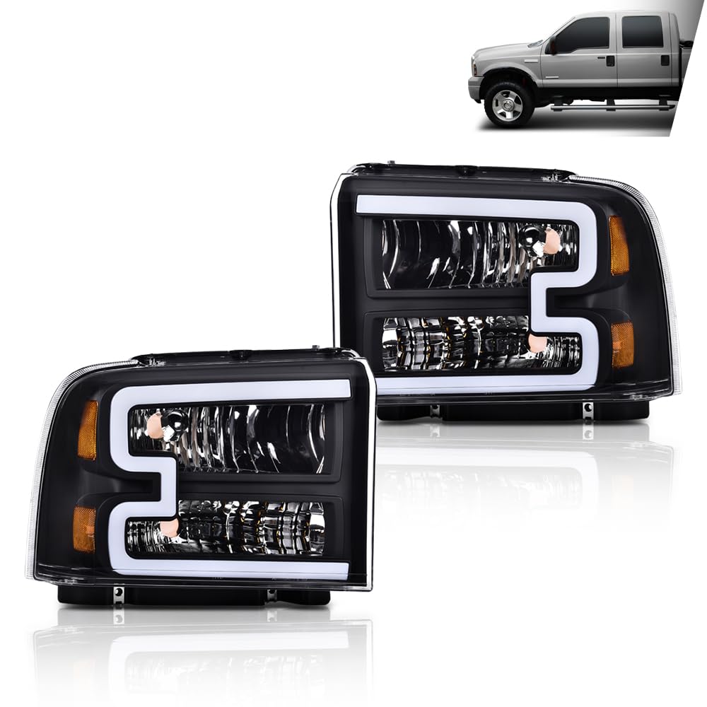 G-PLUS LED DRL BAR Headlight Assembly Compatible with Ford F250 F350 F450 F550 Super Duty 2005-2007/Fit Ford Excursion 2005 HeadLamps Clear lens Black Housing Amber Reflector FO2503217 ‎6C3Z13008CB