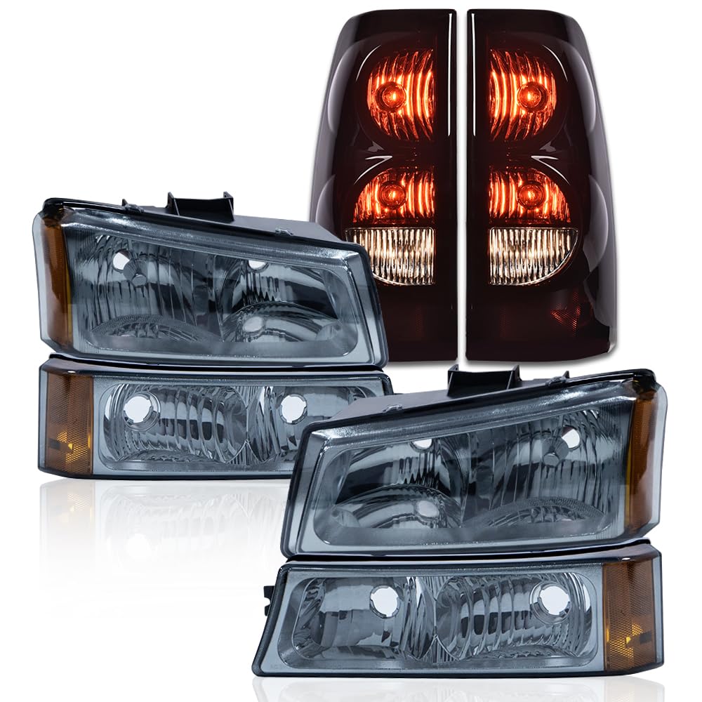 G-PLUS Headlights Assembly + Tail Lights Fit Chevy Silverado 1500 1500 HD 2500 2500 HD 2003-2006, Smoky Lens Chrome Housing Amber Reflector Headlamps Assembly Dark Red Taillights