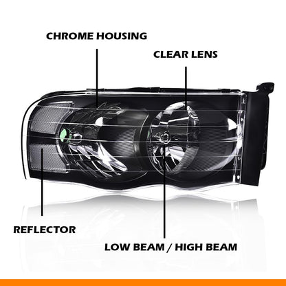 G-PLUS Headlights Assembly, Compatible with 2002 2003 2004 2005 Dodge Ram 1500 2500 3500 bumper Headlamp, Clear lens Black Housing Clear Reflector