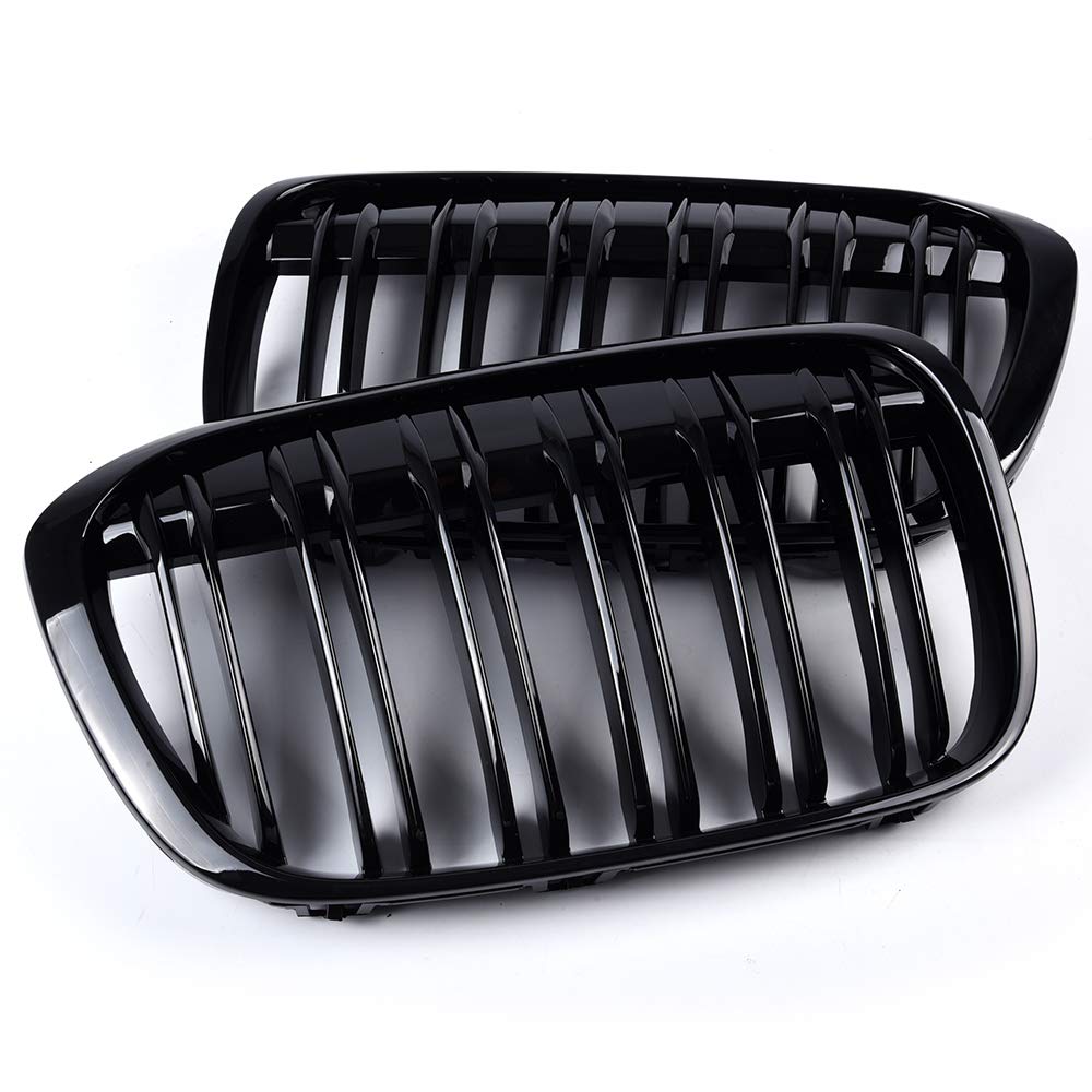 Front Kidney Grille Replacement For BMW X1 F48 F49 2016-2020 Double Line Glossy Black Grill One Pair
