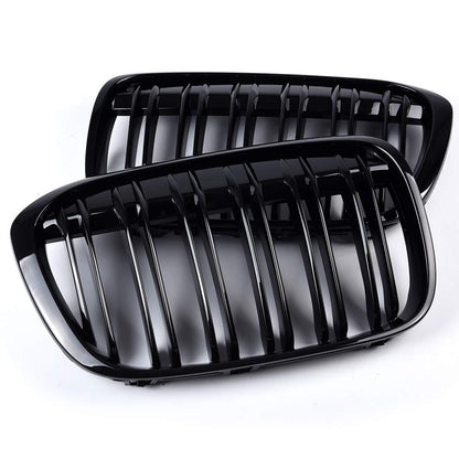 Front Kidney Grille Replacement For BMW X1 F48 F49 2016-2020 Double Line Glossy Black Grill One Pair