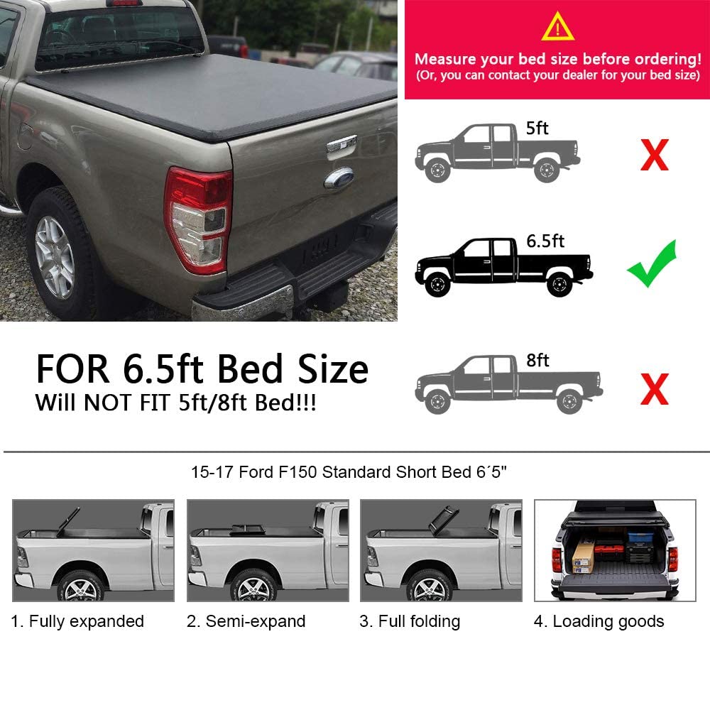 G-PLUS Lock & Soft Four Fold Truck Tonneau Cover Compatible with 2015 2016 2017 2018 2019 2020 Ford F150 with 6.5 Feet 6.5' / 78 Inch Bed Only