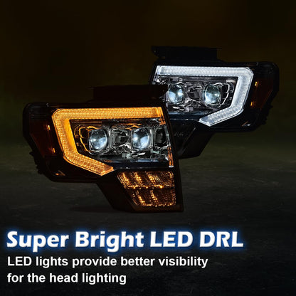 G-PLUS Headlights LED DRL Compatible with Ford F150 2009-2014 Headlamps Pair Left & Right Tube Dual Projector Smoky Lens Chrome Housing Amber Reflector,faros delanteros