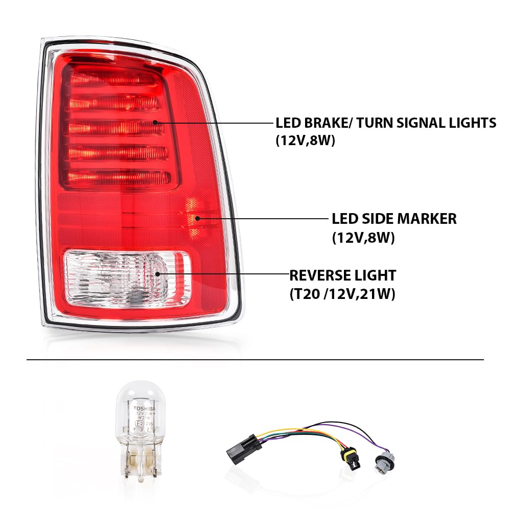 G-PLUS LED Rear Right Tail Lights Assembly w/Bulbs Fit Dodge Ram 1500 2013-2018, Fit Dodge Ram 2500 3500 2014-2018, Right Passenger Rear Brake Lamp, Clear/Red Lens, 68093078AC, CH2801203