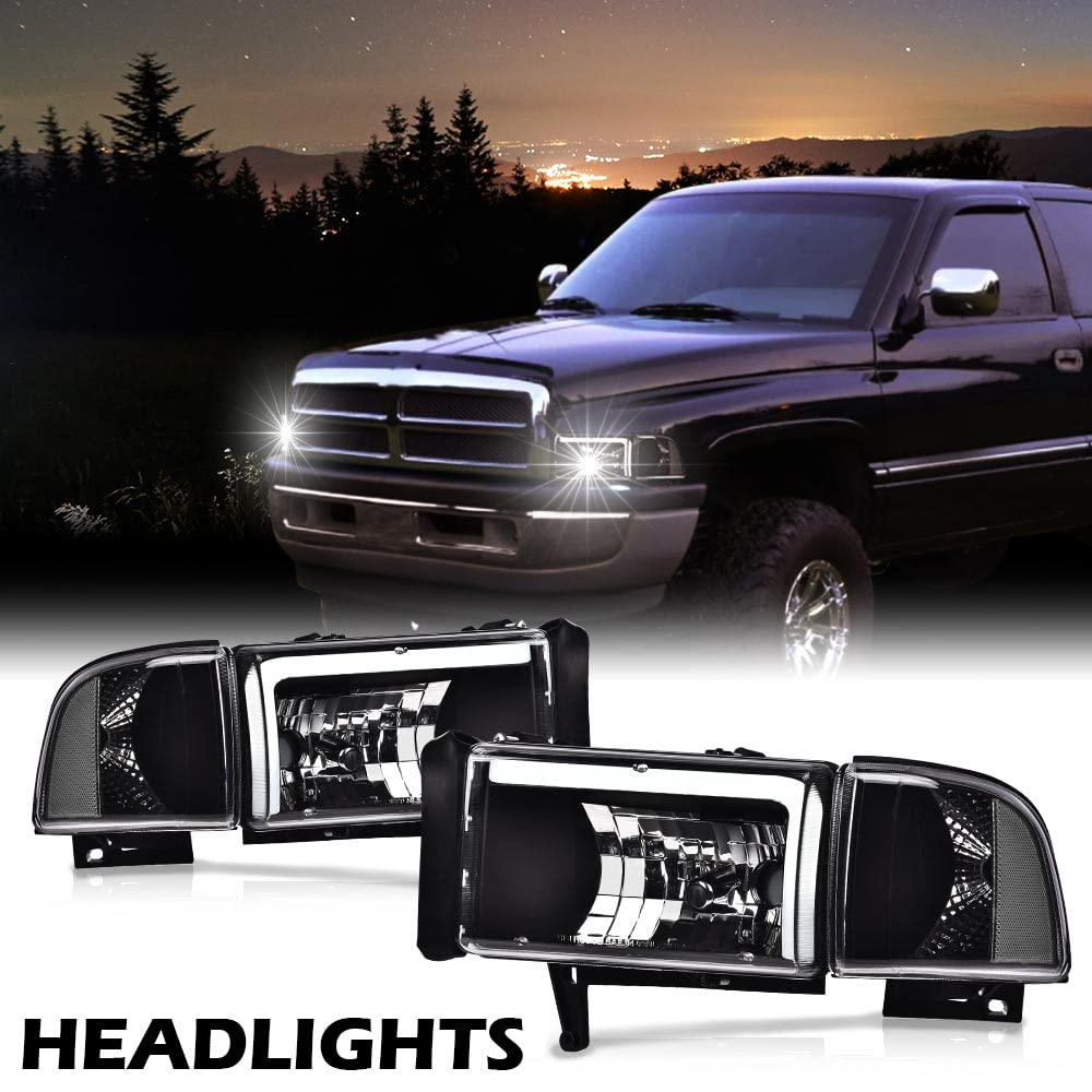 G-PLUS DRL LED Headlights Assembly Fit Dodge Ram 1500 1994-2001,Fit Dodge Ram 2500 3500 1994-2002(Not for Ram Sport) Headlamps w/o Bulbs Clear Lens Black Housing Clear Reflector