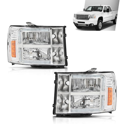 G-PLUS LED Headlights Assembly Front Headlamps Left+Right Compatible with GMC Sierra 1500 2007-2013, Fit GMC Sierra 2500HD 3500HD 2007-2014 Clear Lens Chrome Housing Amber Reflector,faros delanteros