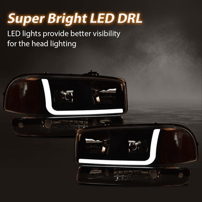 G-PLUS LED DRL Headlights Assembly Compatible with 1999-2007 GMC Sierra 1500/2001-2007 GMC Sierra 1500 HD Bumper Headlamps, Clear Lens Black Housing Amber Reflector，Left & Right,faros delanteros