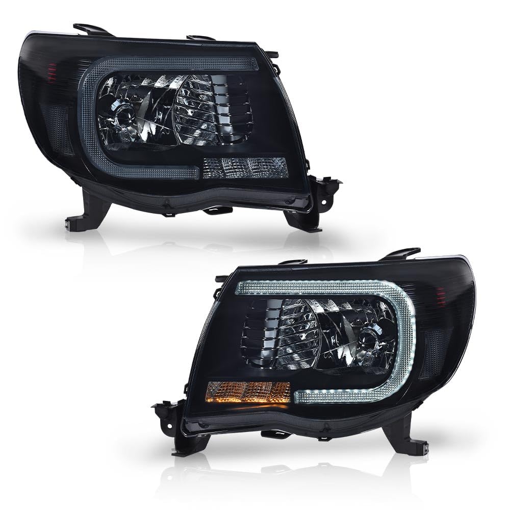 G-PLUS LED DRL Tube Halo Projector Headlights Compatible with Toyota Tacoma 2005 2011,Headlamps w/o Bulbs faros delanteros,Smoke Lens Black Housing Clear Reflector Left Driver & Right Passenger