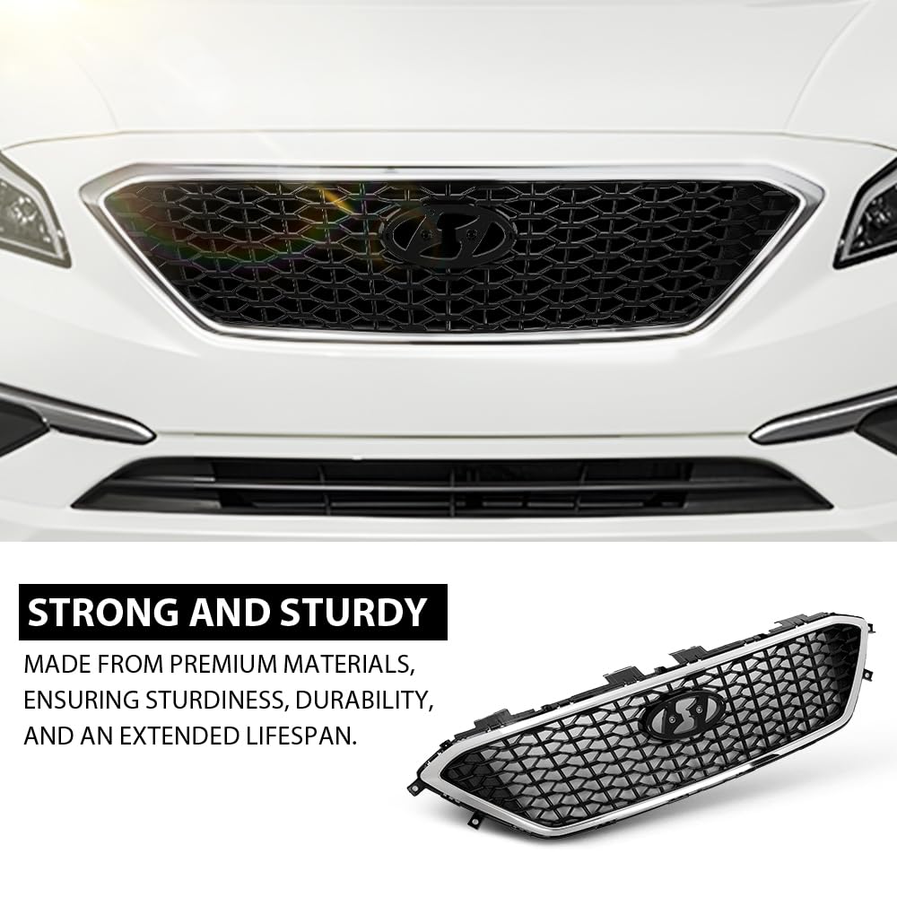 G-PLUS Front Bumper Upper Grille Grill Compatible with Hyundai Sonata 2015 2016 2017 w/o Radar Hole Chrome & Black