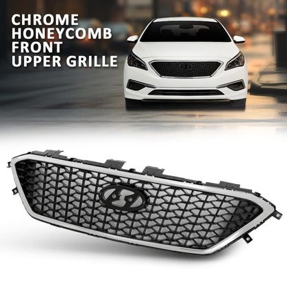 G-PLUS Front Bumper Upper Grille Grill Compatible with Hyundai Sonata 2015 2016 2017 w/o Radar Hole Chrome & Black