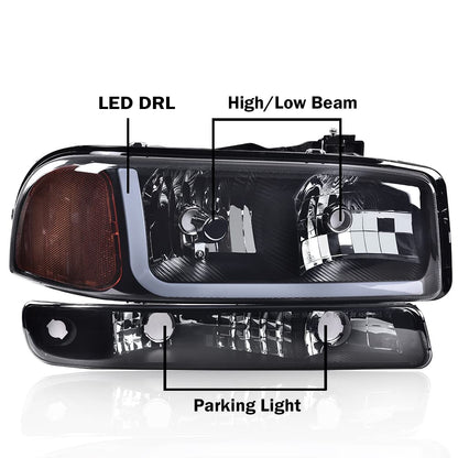 G-PLUS LED DRL Headlights Assembly, Compatible with 1999-2007 GMC Sierra 1500/2001-2007 GMC Sierra 1500 HD Bumper Headlamps, Smoky Lens Black Housing Amber Reflector,faros delanteros