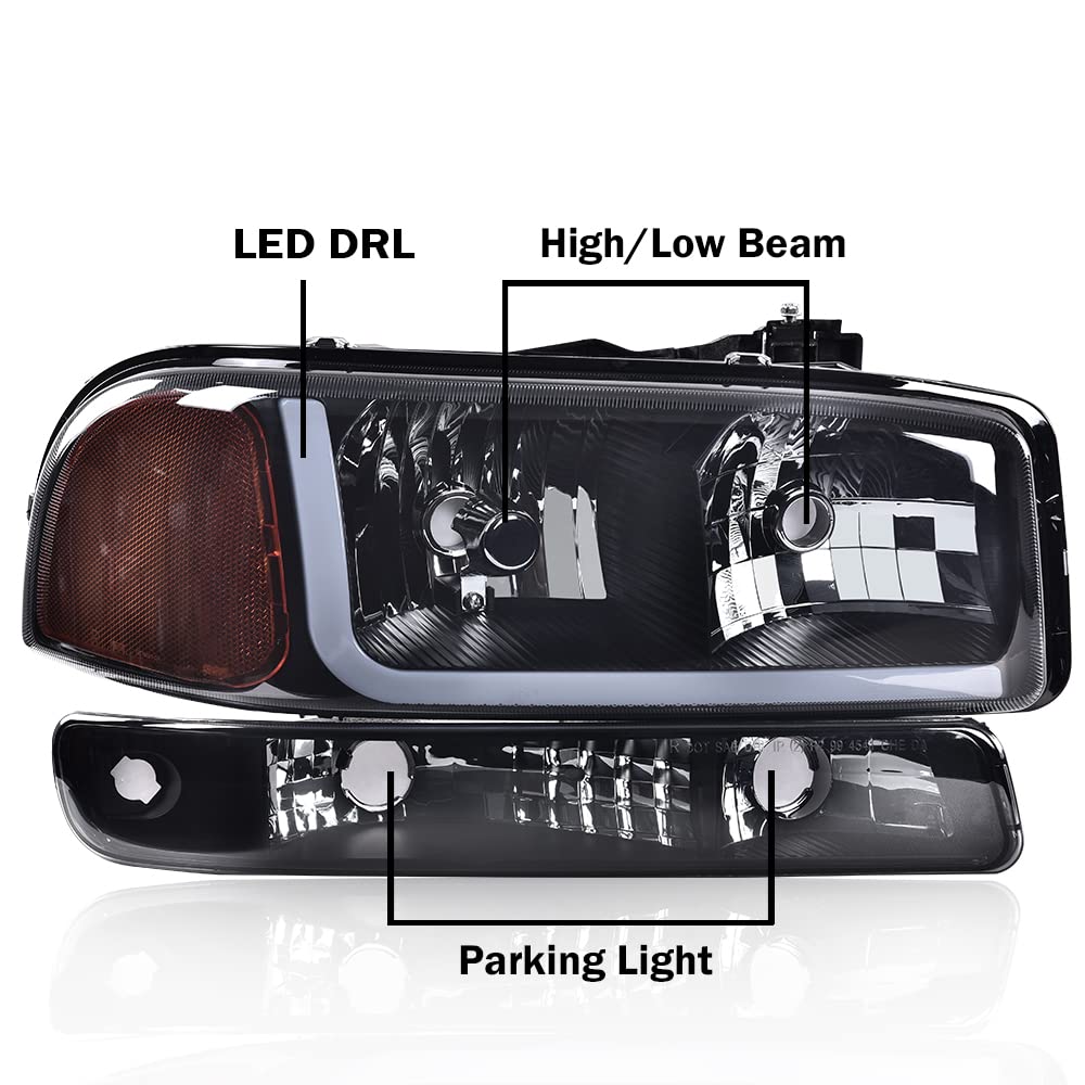 G-PLUS LED Headlights Assembly Fit GMC Sierra 1500HD 2500HD 3500 1999-2007/Fit GMC Yukon XL 1500 2500 1999-2006,DRL Headlamps Smoky Lens Black Housing Amber Reflector,faros delanteros