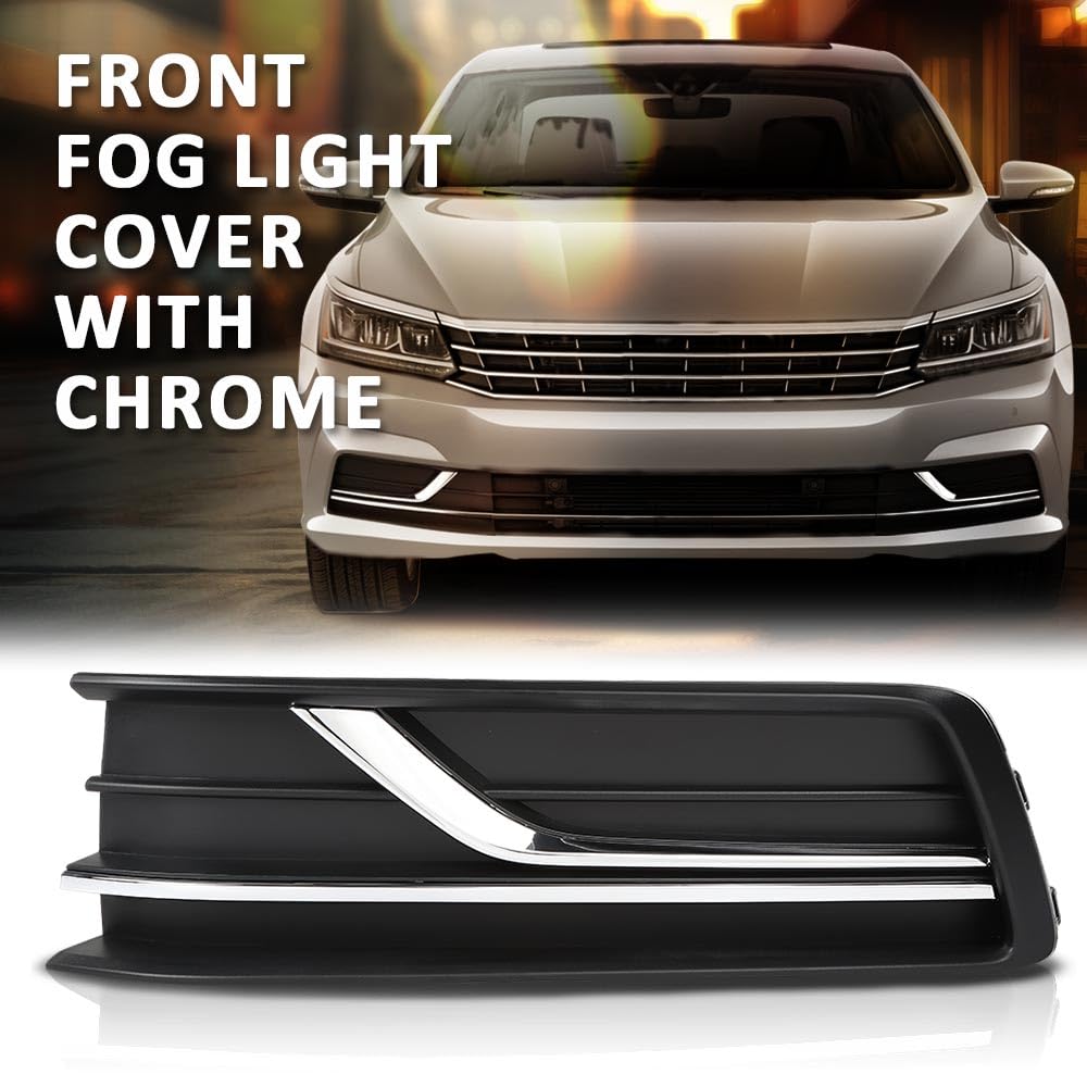 G-PLUS Front Left Fog Light Cover w/Chrome Trim Compatible with Volkswagen Passat 2016-2019 Black Driver Side without Sensor Hole