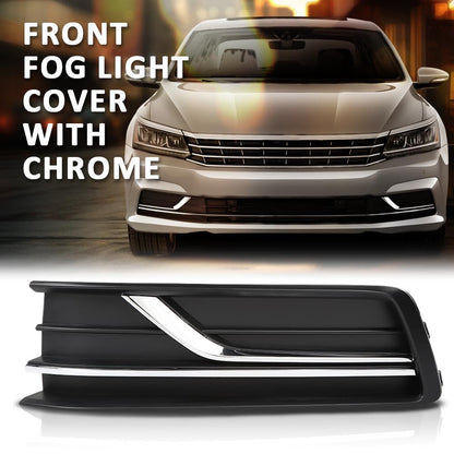 G-PLUS Front Left Fog Light Cover w/Chrome Trim Compatible with Volkswagen Passat 2016-2019 Black Driver Side without Sensor Hole