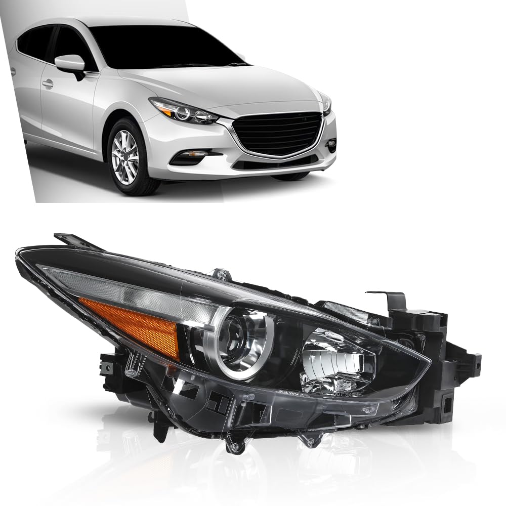 G-PLUS Projector Halogen Headlight Right Passenger Side Compatible with Mazda 3 2017-2018 4-Door Sedan & Hatchback Clear Lens Black Housing Amber ReflectorBumper Headlamps,faros delanteros