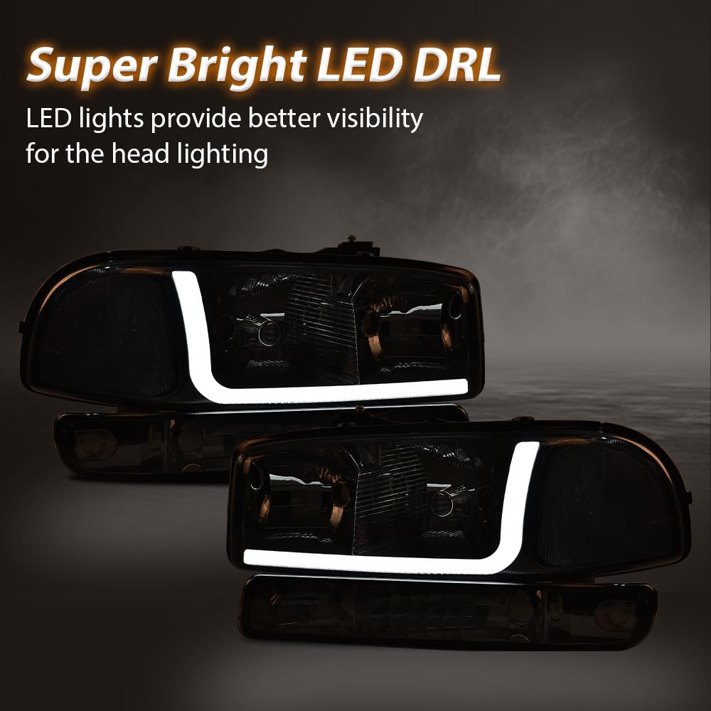 G-PLUS LED Headlights Assembly,Fit 1999-2007 GMC Sierra 1500HD 2500HD 3500,Fit 1999-2006 GMC Yukon XL 1500 2500,Left & Right Headlamps Clear Lens Chrome Housing Clear Reflector,faros delanteros