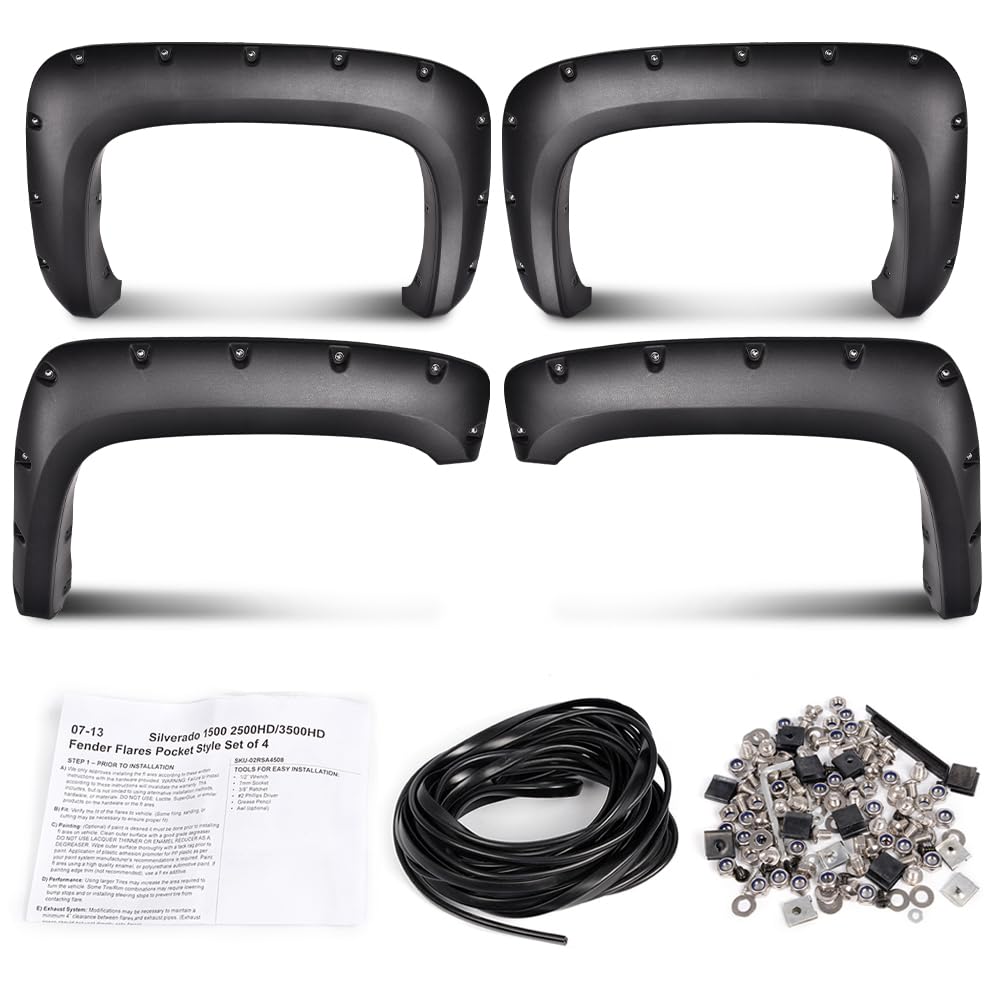 G-PLUS Pocket Riveted Fender Flares, Compatible with 07-13 Chevy Silverado 1500/07-14 Silverado 2500HD 3500HD, 78.0"/97.6" Long Bed(for Regular Cab & Extended Cab), Textured [Not Fit Gmc Sierra]